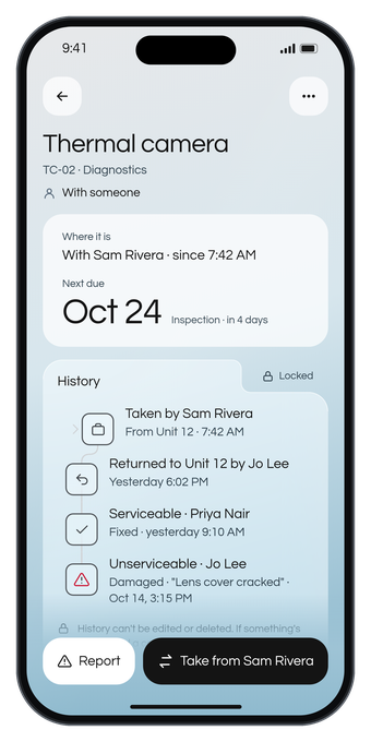 KitState item page with locked History